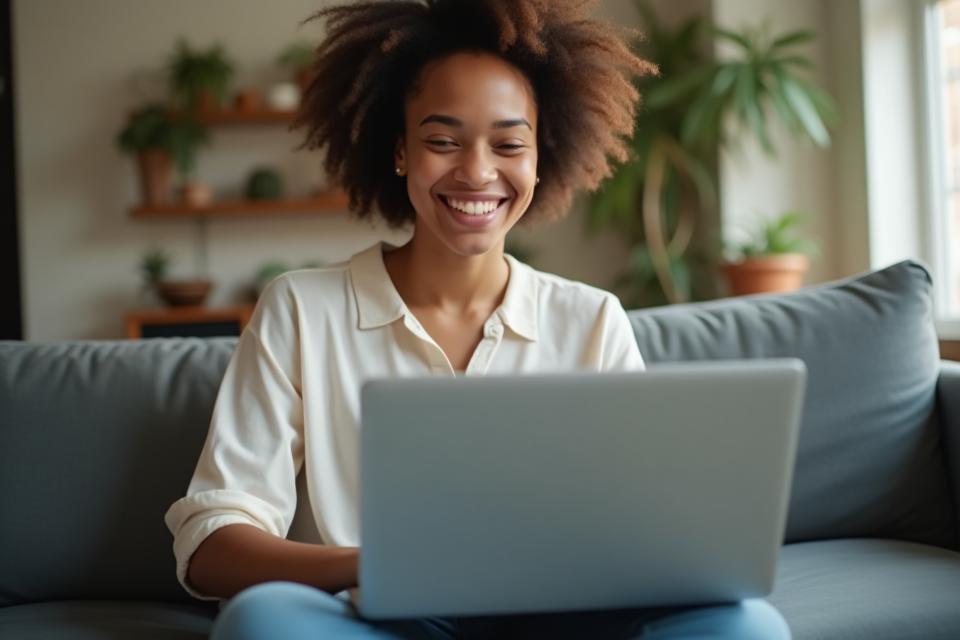 Student smiling while using a laptop, representing online learning success.